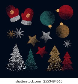 Hand drawn dotted Christmas symbols set - Christmas tree, balls, stars and snowflakes