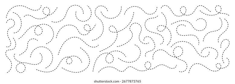 Hand drawn dotted curve line. Spiral dotted line collection. Abstract wavy dotted swirl line. Perfect as a decorative divider, border, frame ornament.