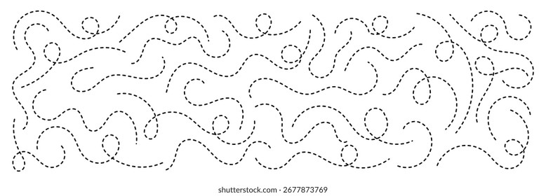 Línea de curva punteada dibujada a mano. Colección de línea punteada en espiral. Abstractas línea ondulada de remolino. Perfecto como un divisor decorativo, borde, marco de adorno.