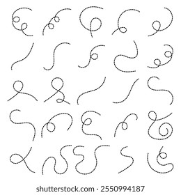 Handgezeichnete gepunktete, gekrümmte dünne Linie. Vektorgrafik einer gepunkteten Linie auf weißem Hintergrund. eps 10.
