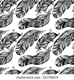 Hand drawn dotted feathers set on white background