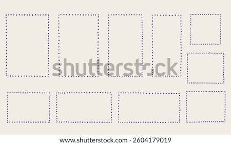 Hand drawn dotted frame set. Chalk scribble polka dot pencil texture doodle borders collection. Different sizes: wedding invitation, greeting card, postcard design. Vintage vector illustration