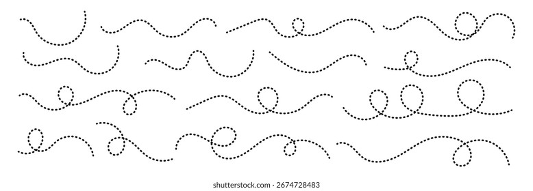 Conjunto de Vector de línea punteada dibujado a mano. Línea de curva espiral punteada. Abstractas línea ondulada de remolino. Ilustrador de Vector