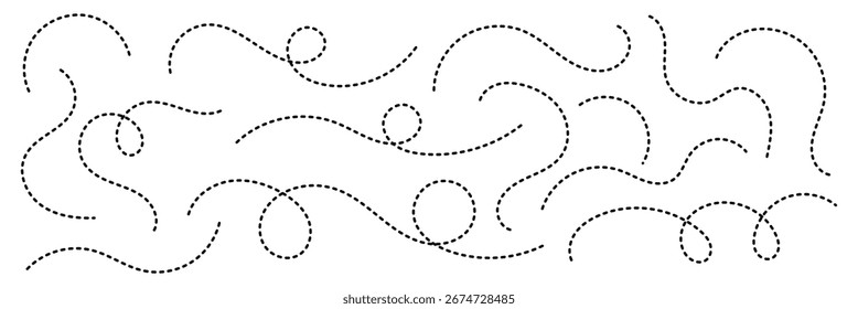 Conjunto de vetores de linha pontilhada desenhado à mão. Linha de curva em espiral pontilhada. Linha de redemoinho ondulado abstrato pontilhado. Ilustrador de vetor