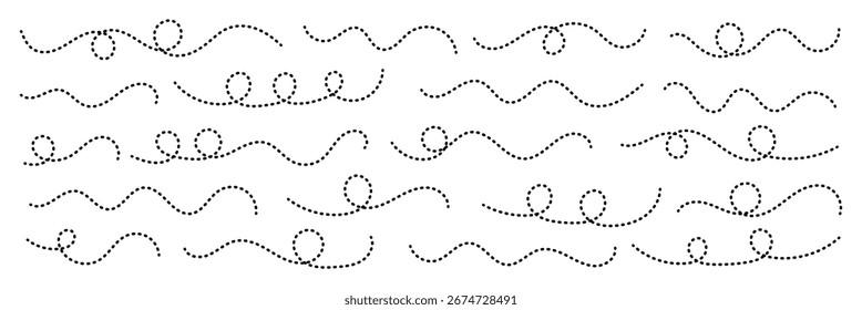 Conjunto de Vector de línea punteada dibujado a mano. Línea de curva espiral punteada. Abstractas línea ondulada de remolino. Ilustrador de Vector