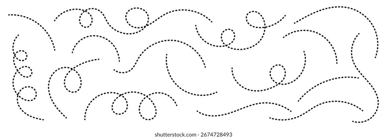 Hand drawn dotted line vector set. Dotted spiral curve line. Abstract wavy dotted swirl line. Vector illustrator