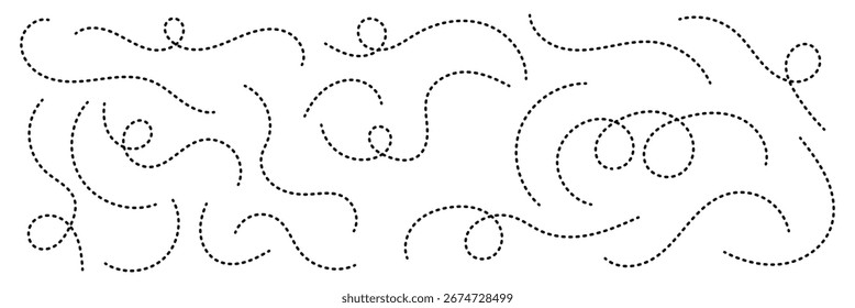 Hand drawn dotted line vector set. Dotted spiral curve line. Abstract wavy dotted swirl line. Vector illustrator