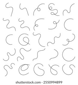 Trayectoria de líneas punteadas dibujadas a mano sobre fondo blanco. Ilustración vectorial. EPS 10