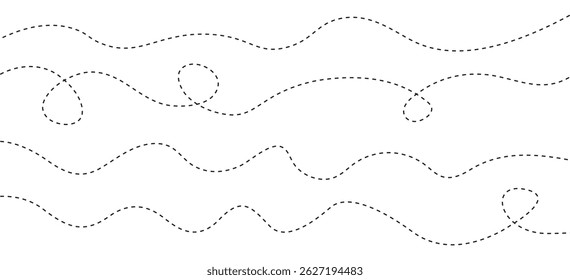 Hand drawn dotted lines path on white background. Path travel dotted line trip dashed trace destination. Aircraft tracking, planes, travel, map pins, location pins. Vector illustration.