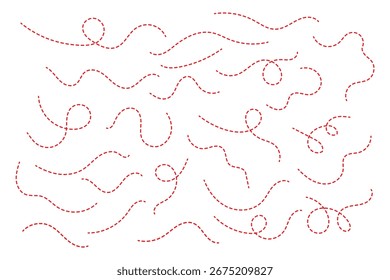 Trayectoria de líneas punteadas dibujadas a mano sobre fondo blanco. Línea punteada curva, recorrido de ruta, recorrido de línea punteada, destino de rastreo discontinuo. Ilustración vectorial
