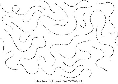 Handgezeichnete gepunktete Linien auf weißem Hintergrund. Gekrümmte gepunktete Linie, gestricheltes Ziel der Pfadfahrt mit gepunkteter Linie. Vektorgrafik