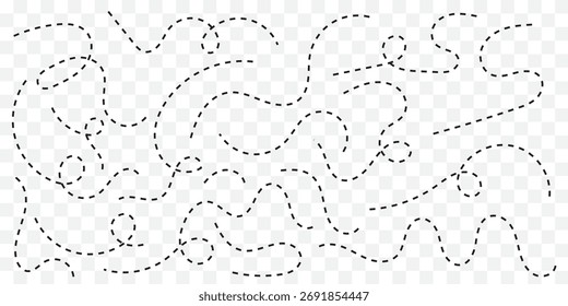 Trayectoria de líneas punteadas dibujadas a mano sobre fondo blanco. Línea punteada curva, recorrido de ruta, recorrido de línea punteada, destino de rastreo discontinuo. Ilustración vectorial. Mejor diseño, EPS 10. 