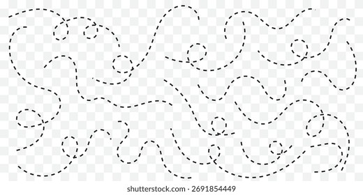 Trayectoria de líneas punteadas dibujadas a mano sobre fondo blanco. Línea punteada curva, recorrido de ruta, recorrido de línea punteada, destino de rastreo discontinuo. Ilustración vectorial. Mejor diseño, EPS 10. 