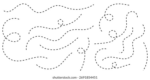 Trayectoria de líneas punteadas dibujadas a mano sobre fondo blanco. Línea punteada curva, recorrido de ruta, recorrido de línea punteada, destino de rastreo discontinuo. Ilustración vectorial. Mejor diseño, EPS 10. 