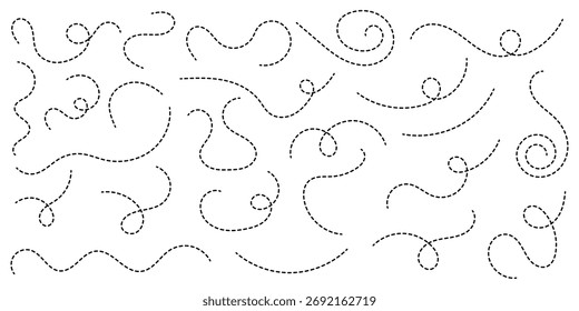 Trayectoria de líneas punteadas dibujadas a mano sobre fondo blanco. Línea punteada curva, recorrido de ruta, recorrido de línea punteada, destino de rastreo discontinuo. Ilustración vectorial. Vector eps 10.