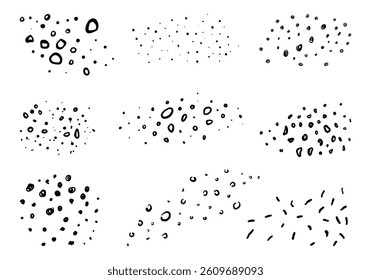 Hand Drawn Dotted Texture Scatter. A playful and organic collection of 9 dotted scatter elements featuring hand drawn ovals, spirals, and abstract blob textures in various densities and formations
