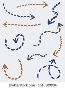 Hand drawn dotted vector arrows, doodle style, brush paint, isolated