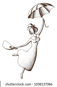 Hand Drawn Dotwork Vector Illustration for International Women's Day. Coloring Book Page. A girl in a blue dress and a hat with a red purse. A woman is flying on an umbrella in the spring.