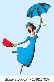 Hand Drawn Dotwork Vector Illustration for International Women's Day. A girl in a blue dress and a hat with a red purse. A woman is flying on an umbrella in the spring.