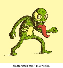 Hand Drawn Dotwork Vector Illustration. Cartoon Character: A green monster with a long, sticky tongue, teeth and big eyes.
