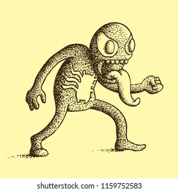 Hand Drawn Dotwork Vector Illustration. Cartoon Character: A green monster with a long, sticky tongue, teeth and big eyes. Coloring Book Page