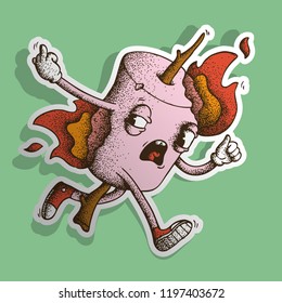 Hand Drawn Dotwork Vector Illustration. Cute Cartoon Character: a burning marshmallow on a stick runs and shows an indecent hand gesture