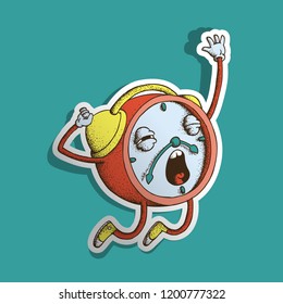 Hand Drawn Dotwork Vector Illustration. Cute Cartoon Character: Animated The waking up red alarm clock is yawning.