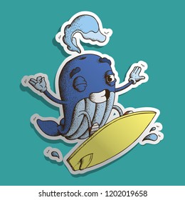 Hand Drawn Dotwork Vector Illustration. Cute Cartoon Character: Anthropomorphic Whale on the surf. Surfer winks and smiles on blue background