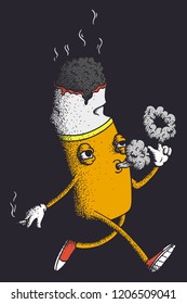 Hand Drawn Dotwork Vector Illustration. Cute Cartoon Character: Animated scorched cigarette butt goes and smokes, holding a cigarette in his hand