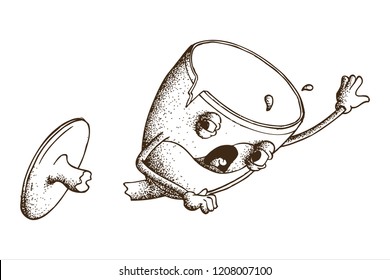 Hand Drawn Dotwork Vector Illustration. Cute Cartoon Character: An Animated Broken Scared Wine Glass With A Split Leg. Coloring Book Page