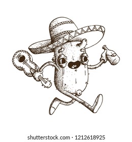 Hand Drawn Dotwork Vector Illustration. Cute Cartoon Character: Animated cactus in a mexican sombrero carries a glass bottle with an alcoholic drink and guitar. Coloring Book Page