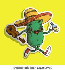 Hand Drawn Dotwork Vector Illustration. Cute Cartoon Character: Animated cactus in a mexican sombrero carries a glass bottle with an alcoholic drink and guitar on yellow background
