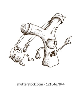 Hand Drawn Dotwork Vector Illustration. Cute Cartoon Character: An animated slingshot with a big eye shows the direction of the index finger. Big round eye pulls the gum slingshot