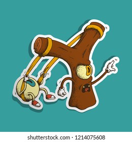 Hand Drawn Dotwork Vector Illustration. Cute Cartoon Character: An animated slingshot with a big eye shows the direction of the index finger. Big round eye pulls the gum slingshot
