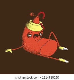 Hand Drawn Dotwork Vector Illustration. Cute Cartoon Character: Animated red tube with ketchup lying crumpled and tired on brown background