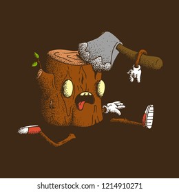 Hand Drawn Dotwork Vector Illustration. Cute Cartoon Character: An animated stump lies with severed arms and legs and an ax stuck into it on brown background