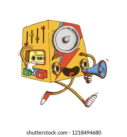 Hand Drawn Dotwork Vector Illustration. Cute Cartoon Character: Animated cassette recorder with a large speaker, buttons and an equalizer shouts into the loudspeaker. Music speaker with a red flash