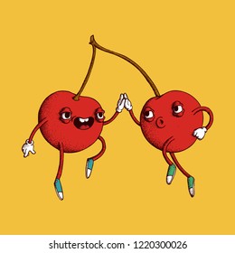 Hand Drawn Dotwork Vector Illustration. Cute Cartoon Character: Two animated bouncing cherries on one branch give five to each other on yellow background