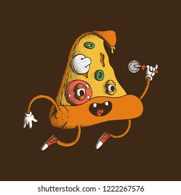 Hand Drawn Dotwork Vector Illustration. Cute Cartoon Character: Animated pizza with mushrooms, sausage, olives, cheese and pizza cutting knife on brown background