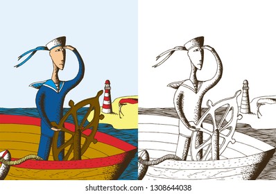 Hand Drawn Dotwork Vector Illustration for Valentine's Day. Coloring Book Page. The sailor on the ship sails to the shore with a lighthouse. A woman waves a red scarf on the beach