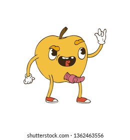 Hand Drawn Dotwork Vector Illustration. Cute Cartoon Character: Animated Apple with a worm crawling out of it