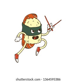 Hand Drawn Dotwork Vector Illustration. Cute Cartoon Character: Animated sushi in the form of a ninja with Chinese chopsticks in hand