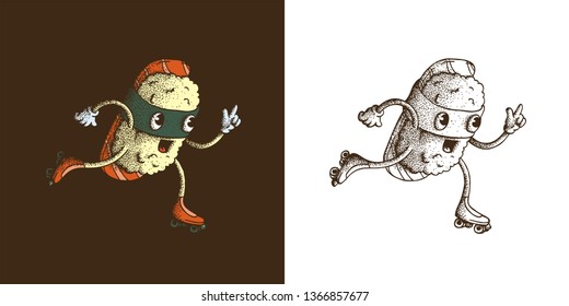 Hand Drawn Dotwork Vector Illustration. Cute Cartoon Character: Animated smiling sushi in a mask of nori seaweed on roller skates. Coloring book page