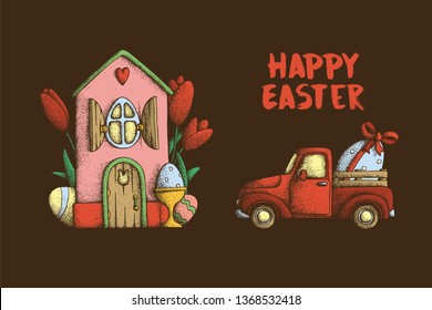 Hand Drawn Dotwork Vector illustration for Holiday Easter. Retro pickup truck with an egg with a red ribbon and a bow near the house with a window and wooden shutters and a door with tulips