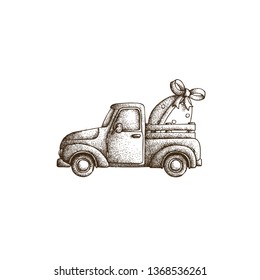 Hand Drawn Dotwork Vector illustration for Holiday Easter. Retro pickup truck with egg, stained and wrapped with a red ribbon with a bow. Coloring book page