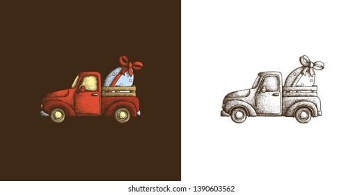 Hand Drawn Dotwork Vector illustration for Holiday Easter. Retro pickup truck with egg, stained and wrapped with a red ribbon with a bow. Coloring book page