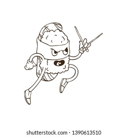 Hand Drawn Dotwork Vector Illustration. Cute Cartoon Character: Animated sushi in the form of a ninja with Chinese chopsticks in hand. Coloring book page