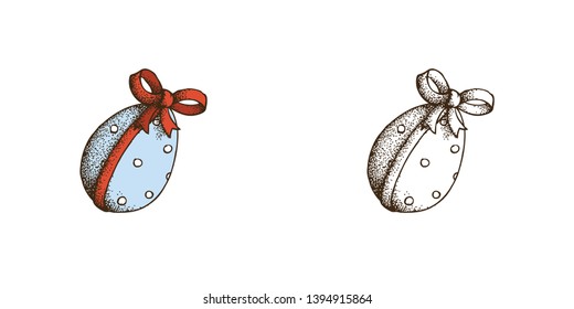 Hand Drawn Dotwork Vector illustration for Holiday Easter. Egg stained with spots and wrapped with a red ribbon with a bow. Coloring book page