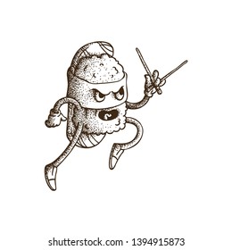 Hand Drawn Dotwork Vector Illustration. Cute Cartoon Character: Animated sushi in the form of a ninja with Chinese chopsticks in hand. Coloring Book Page