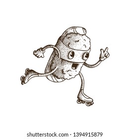 Hand Drawn Dotwork Vector Illustration. Cute Cartoon Character: Animated smiling sushi in a mask of nori seaweed on roller skates. Coloring book page